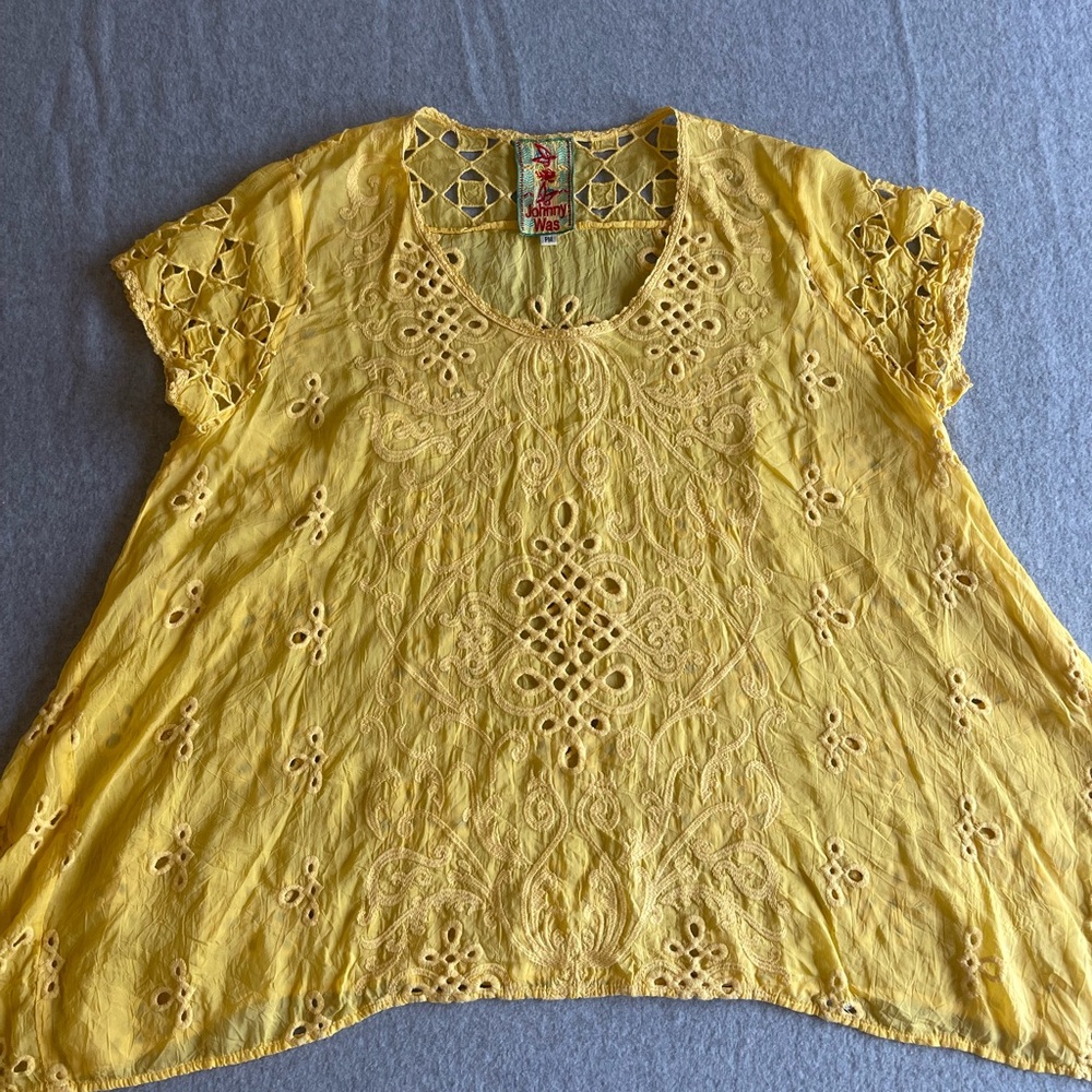 Johnny Was Yellow Embellished Cap Sleeve Blouse